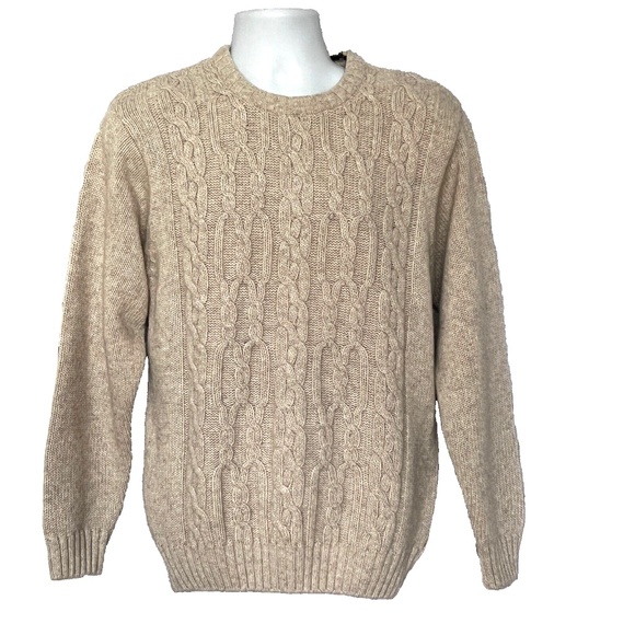 Cable Knit Sweater Pullover 38 Basic Gear Beige Amber Knitting Mills Lambswool - Picture 1 of 6